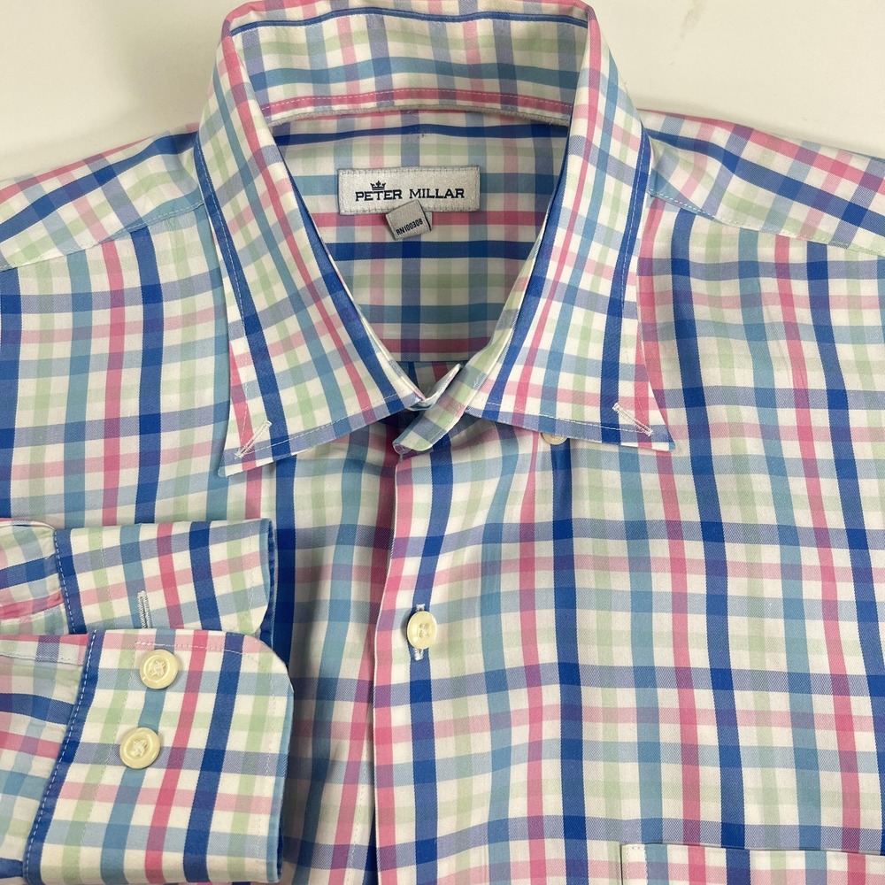 Peter‎ Millar Button Up Shirt M Large Plaid Button Down Silk Cotton